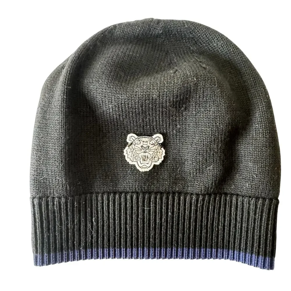 Kenzo Tiger head Black Beanie with Blue Stripe
